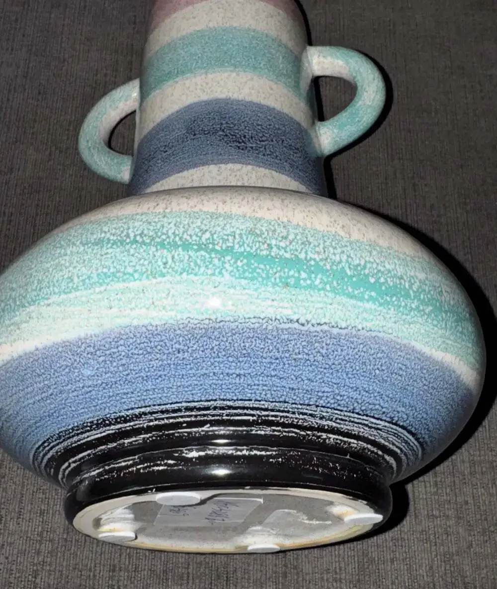 Vintage Pastel Speckled Ceramic Two-Handled Striped Vase